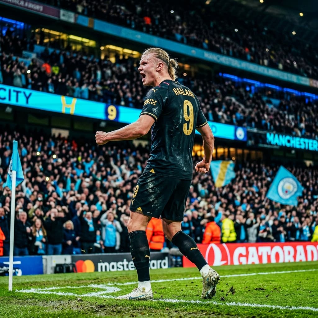 Erling Haaland celebrating in front of a full stadium
